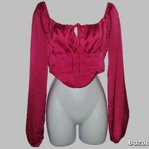 Satin Corset Top Long Sleeve Tie Front Blouse Party Clubwear‎